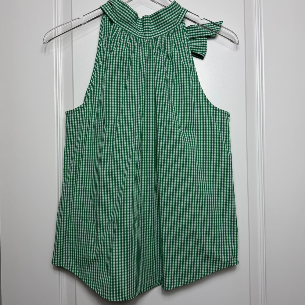 J Crew Green Gingham Sleeveless Bow Back Blouse Size 2